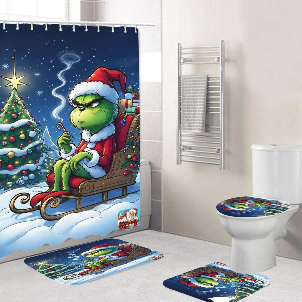 Temu Bathroom Three-Piece Set, Green-Haired Grinch Pattern Bathroom Non-Slip Mat, U-Pad And Shower Curtain Set