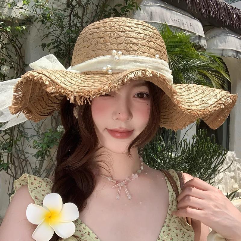 Sun Hat Summer New Seaside Sun Hat Sun Protection Folding Travel Big Brim Straw Hat Women's Beach