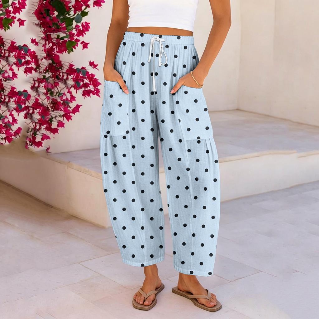 Damen Plus Size Freizeithose, Hoher Bund Lockerer Schnitt mit Taschen, Gepunkteter Druck