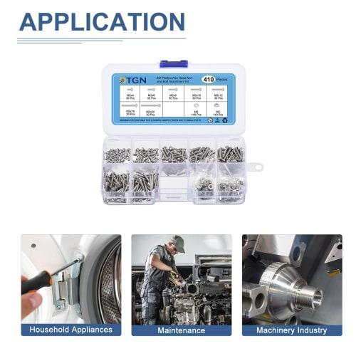 DTGN 410-Piece Nut and Bolt Assortment Kit, M2 Pan Head Machine Screws with Washers, 304 Stainless Steel, for Drawers, Cabinets, and Closets, Handles