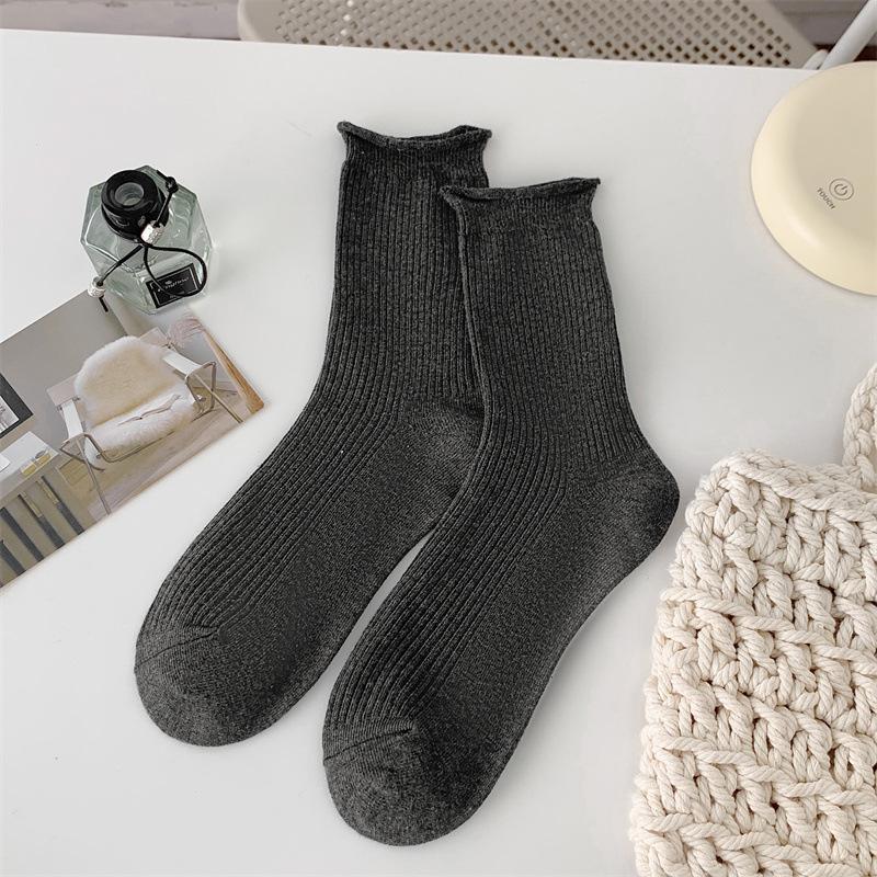 Rolowane Skarpety z Puszystej Bawełny dla Kobiet, Skarpety Bawełniane do Połowy Łydki Jednokolorowe na Wiosnę i Jesień, Beżowe Proste i Uniwersalne Długie Skarpety, Lato