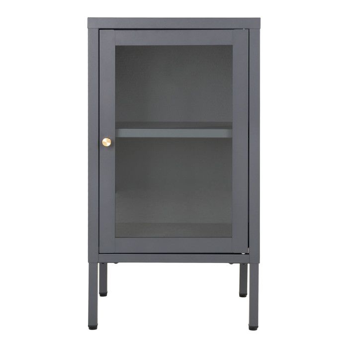Small Sideboard with 1 Door, 38x35x70 Cm, In Glass and Gray Metal