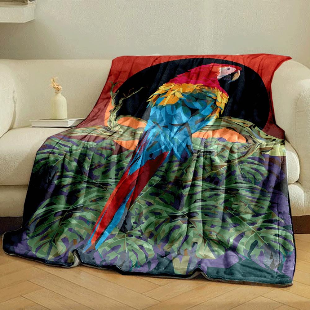 A vibrant parrot in geometric style with colorful feathers, leaves, and sunset. for all seasons blanket lunch break throw gift