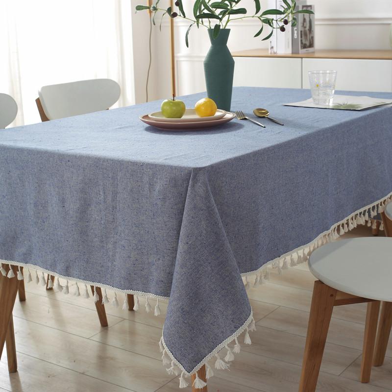 Japanese-Style Polyester-Cotton Simple Yarn-Dyed Plain Fringed Lace Geometric Rectangular Tablecloth Coffee Table Dining Table Cloth