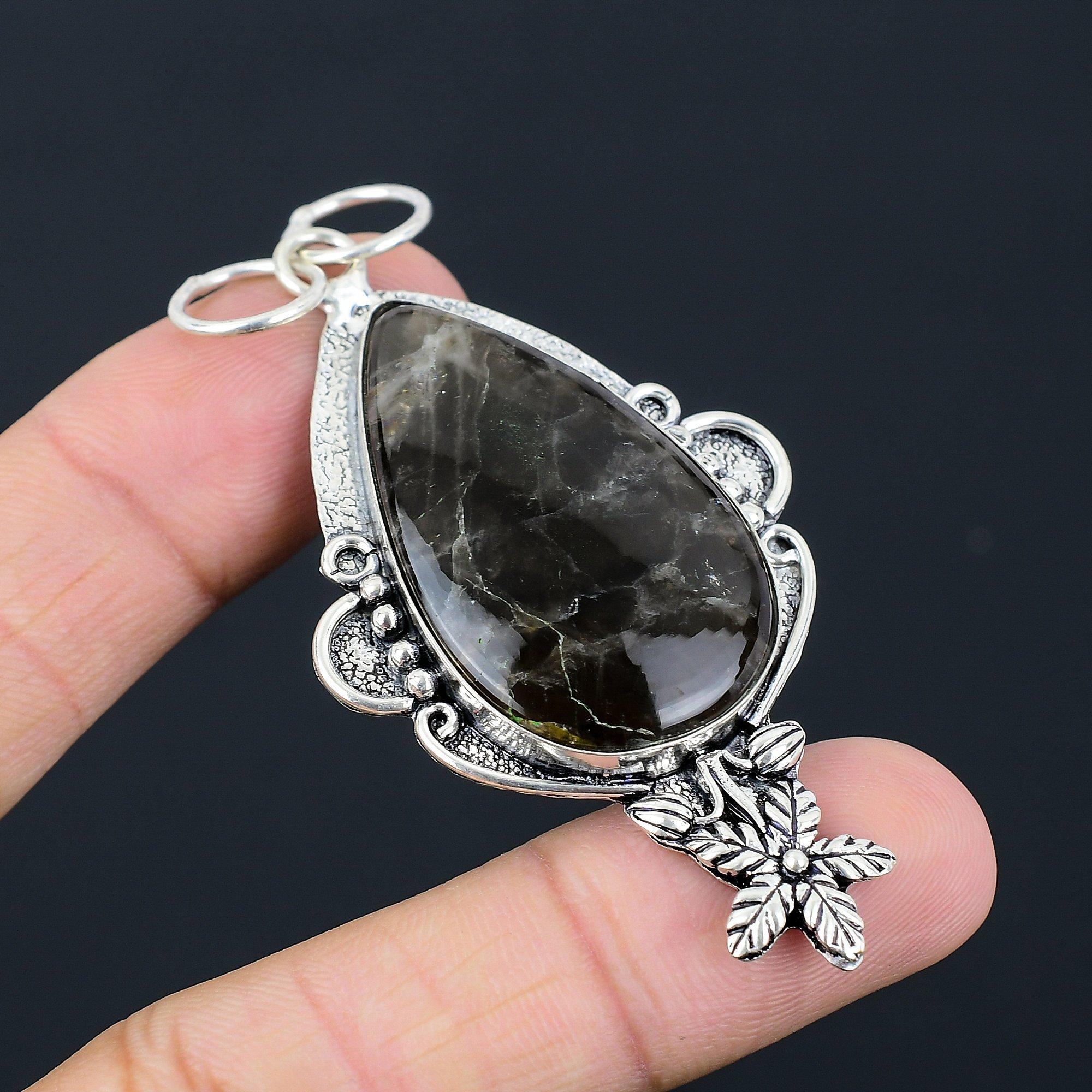 925 Sterling Silver Pear Fume Agate Stone Trendy Anniversary Boho Flower Pendant
