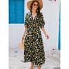 Seaside Style Summer New Bohemian Deep V-neck Rayon Printing Batwing Sleeve Waist Hugging Dress Vacation Skirt
