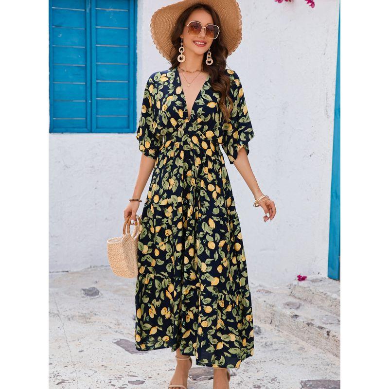 Seaside Style Summer New Bohemian Deep V-neck Rayon Printing Batwing Sleeve Waist Hugging Dress Vacation Skirt