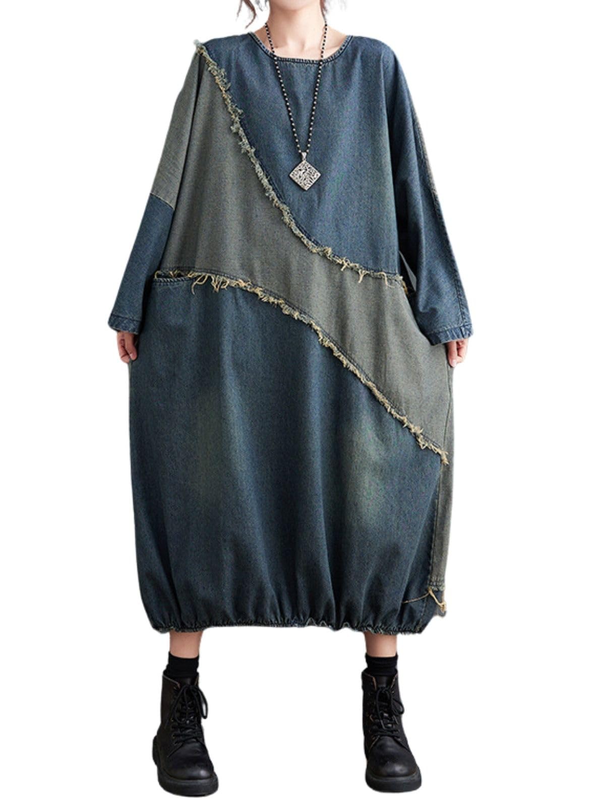 

деним длинный идеально для плюс корейский длинный экипаж индиго размер Свободное платье, весна. Милый, размер, повседневный, стильный, стиль, рукава, горловина, синий, L.