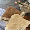Elegant Ladies' Lace-Trimmed Straw Hat UV-Resistant Sun Protection | Stylish Beige Bucket Hat with Bow Detail for Beach Vacations