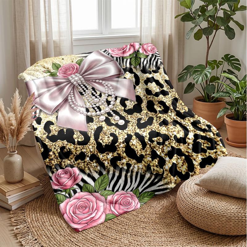 Floral and Bow Composition Theme Blanket Lightweight Warm Flannel Blanket Decorative Throw Blanket for Home Decoration