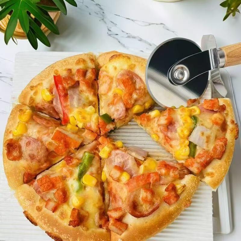 Pizza Cutter Wheel Food Grade Stainless Steel Sharp Slicer with Smooth Wooden Handle for Pizza Shop Home Baking Unique Gift
