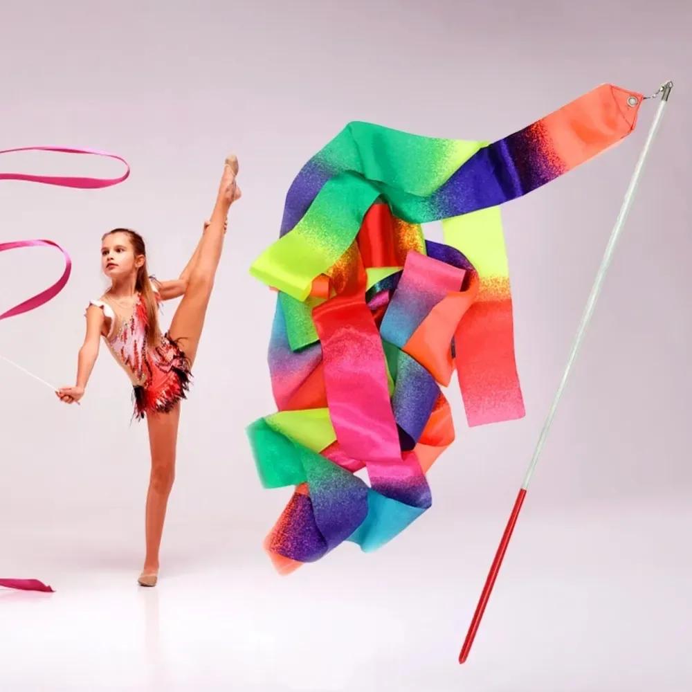 1M/1M Rhythmic Gymnastics Equipment Stick Twirling Dance Ribbons Rainbow Color Sparkling Performance Props for Art Dances