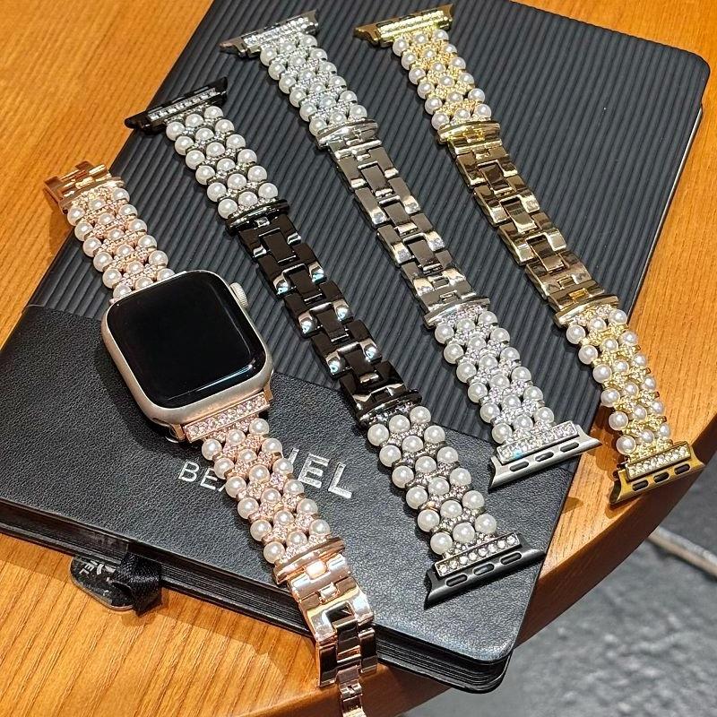 Pearl Metal Strap for Apple Watch Band 49 46 45 44 42 41 40 38mm Women Jewelry Diamond Bracelet Correa for iWatch S10 9 8 7 6 SE