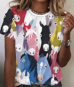 Women's T-Shirt Summer Vintage Women's T-Shirt Horse 3D Printed T-Shirt Men's and Women's Fashion, Comfortable, Crew Neck, Short Sleeve T-Shirt