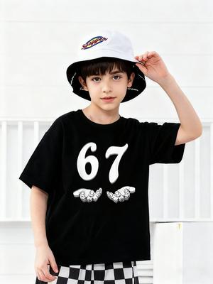 T-shirt Nera Manica Corta Trendy Divertente Cartone Animato Stampato con Numeri per Bambino Top Comodo