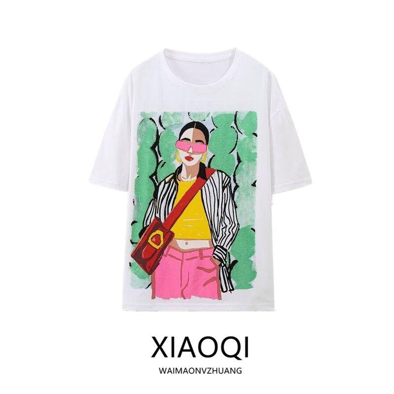Fashion Style 2024 Summer New Women's Clothes Loose Print Pattern Casual All-Matching round Neck Short Sleeve T-shirt 1131325