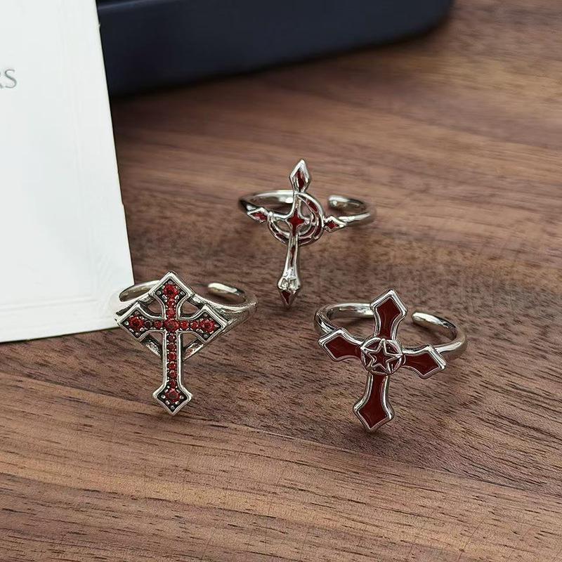 Punk Spice Girl Red Cross Zircon Fashion Opening Ring Kusa Enamel Neutral Style Personality Simple Ring