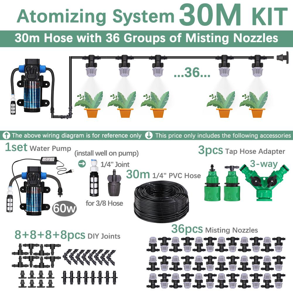 30-10m 60W Self-priming Pump Kit Misting Cooling System 1/4" 4/7mm Adjustable Nozzle Atomizer Sprayer Garden Irrigation Watering