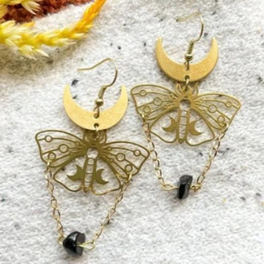 Vintage Hollow-out Butterfly Pendant Earrings Bohemian Moon Moth Ear Hooks Natural Stone Jewelry Accessory Gifts For Women Girls