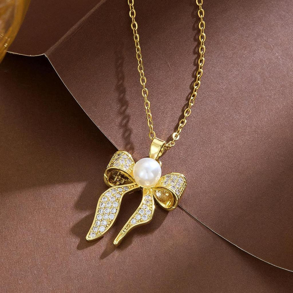 French Rhinestone Bow Necklace: Women's Stylish Niche Design, Shiny Versatile Clavicle Chain
