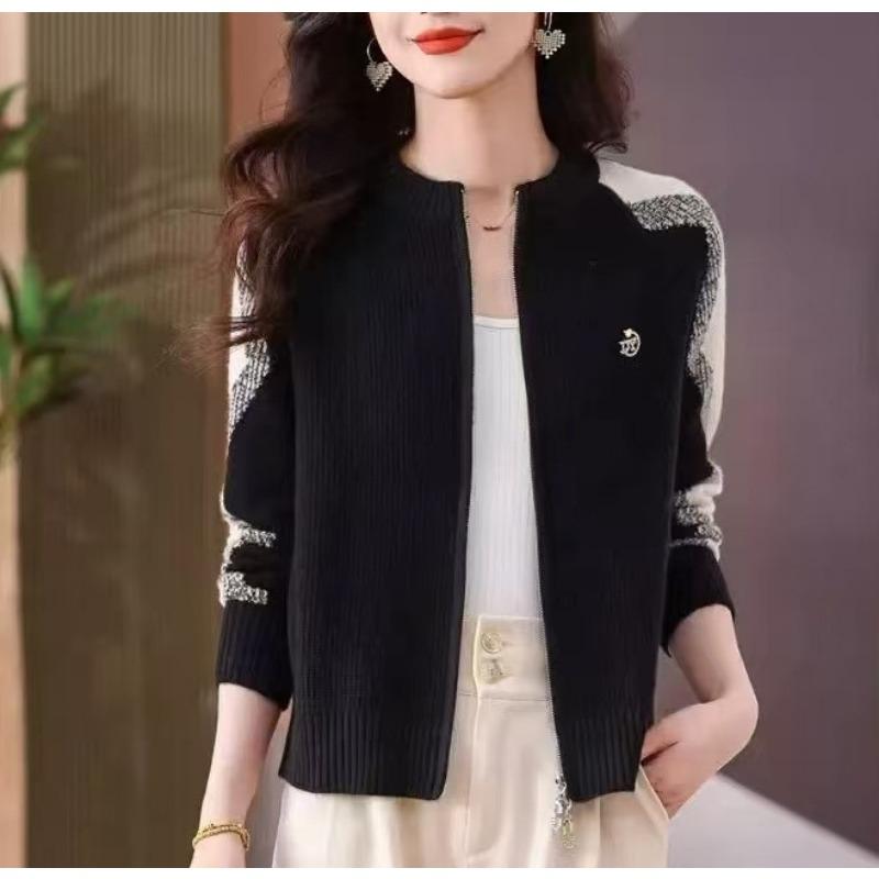 Spring new new round neck double zipper knitted sweater jacket medium mother knitted cardigan sweater jacket