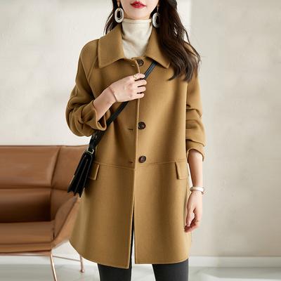 Women's Lapel Long Sleeve Loose Fit Wool Coat Single Breasted Mid Length Overcoat 2026 Autumn Winter Korean Casual Outerwear