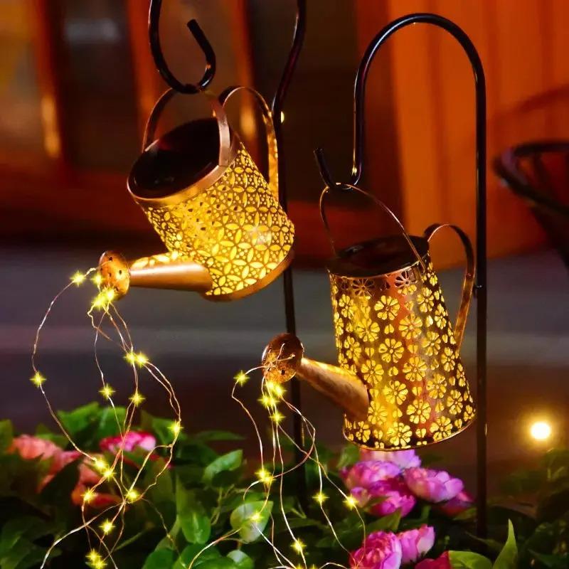 Solar Watering Can Light Outdoor Garden Art LED String Light Hanging Kettle Lantern Pathway Patio Decorative Lamp Stake Light