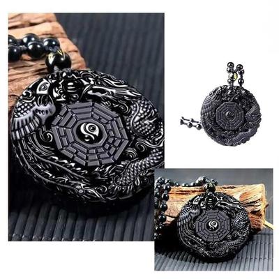 Natural Black Obsidian Hand Craft Chinese Dragon Phoenix Bird Amulet Yinyang Necklace Women Men Luck Powerful Amulet Pendant