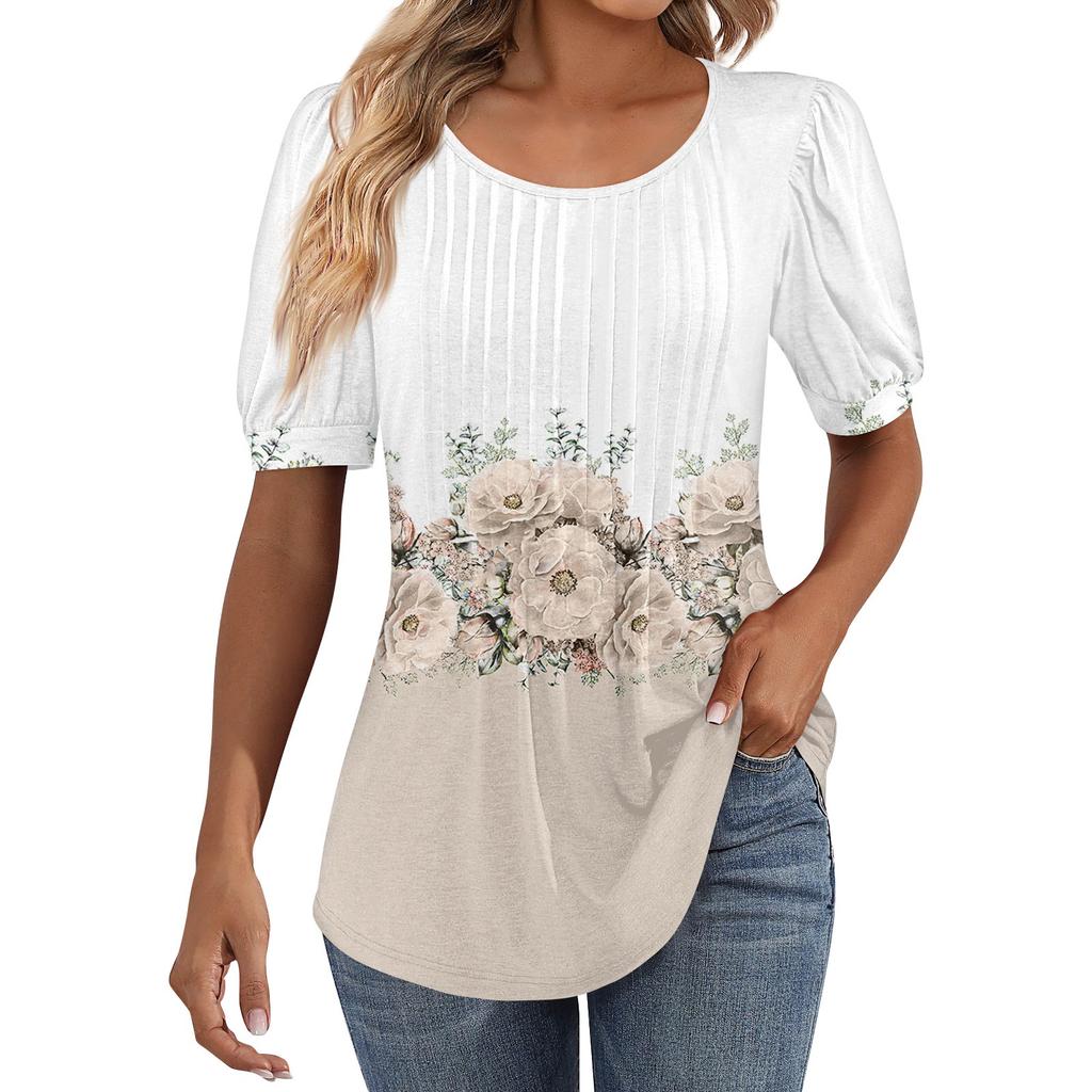 Women's Puff Short Sleeve Tunic Tops Pleated Neck Blouses Casual Loose Spring And Summer T-Shirts