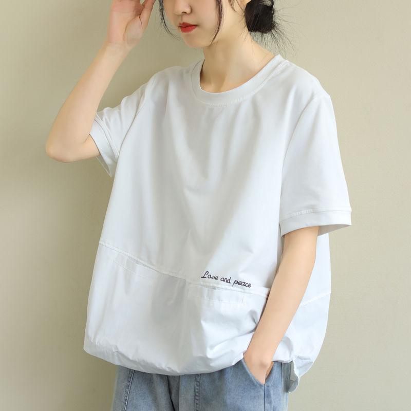 Pocket Short Sleeved T Shirt Women's Round Neck Casual Sleeve T shirt Women