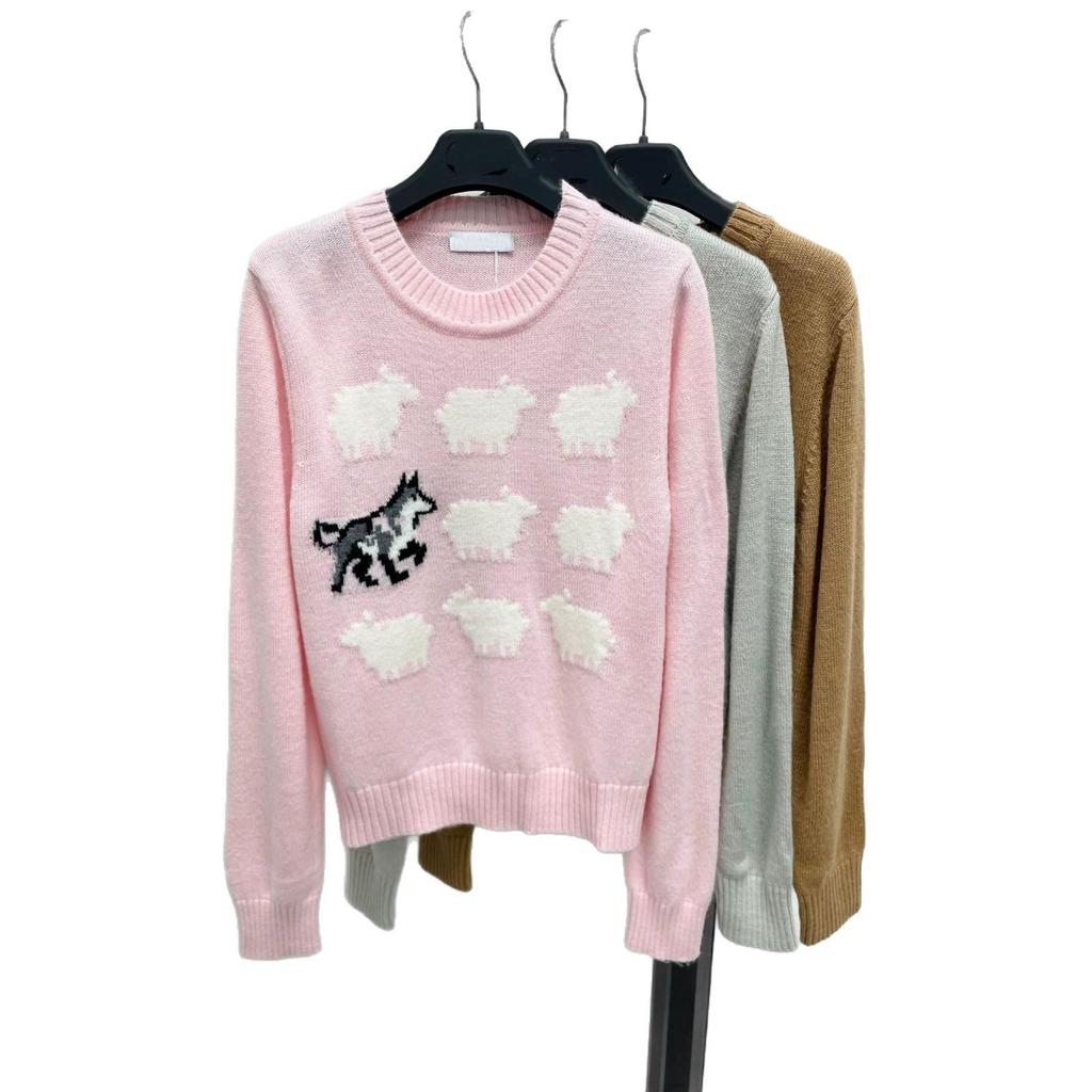 Cartoon Sheep & Dog Jacquard Knit Sweater for Women - Sweet, Soft, Age-Reducing Design with Round Neck and Long Sleeves.