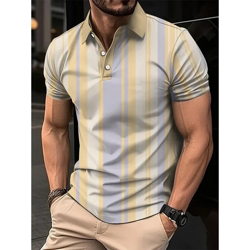 3D Printed Striped Color Block Men's Polo Shirt Colorful Pattern T-shirt Summer Loose Street Lapel Top Button Short-sleeved