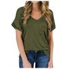 Women's Fashion Spring/summer V-neck Pocket T-shirt With Rolled Edge Short-sleeved Loose Top