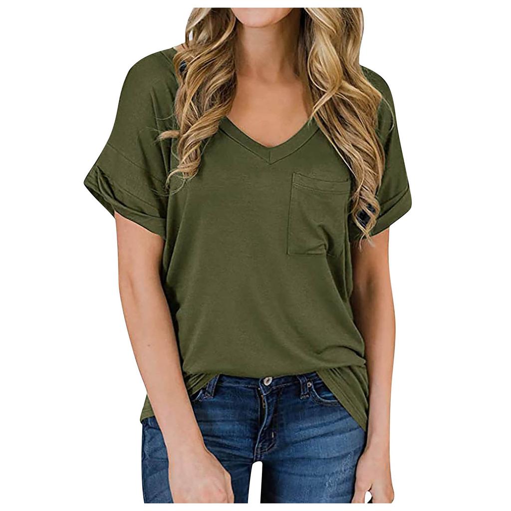 Women's Fashion Spring/summer V-neck Pocket T-shirt With Rolled Edge Short-sleeved Loose Top