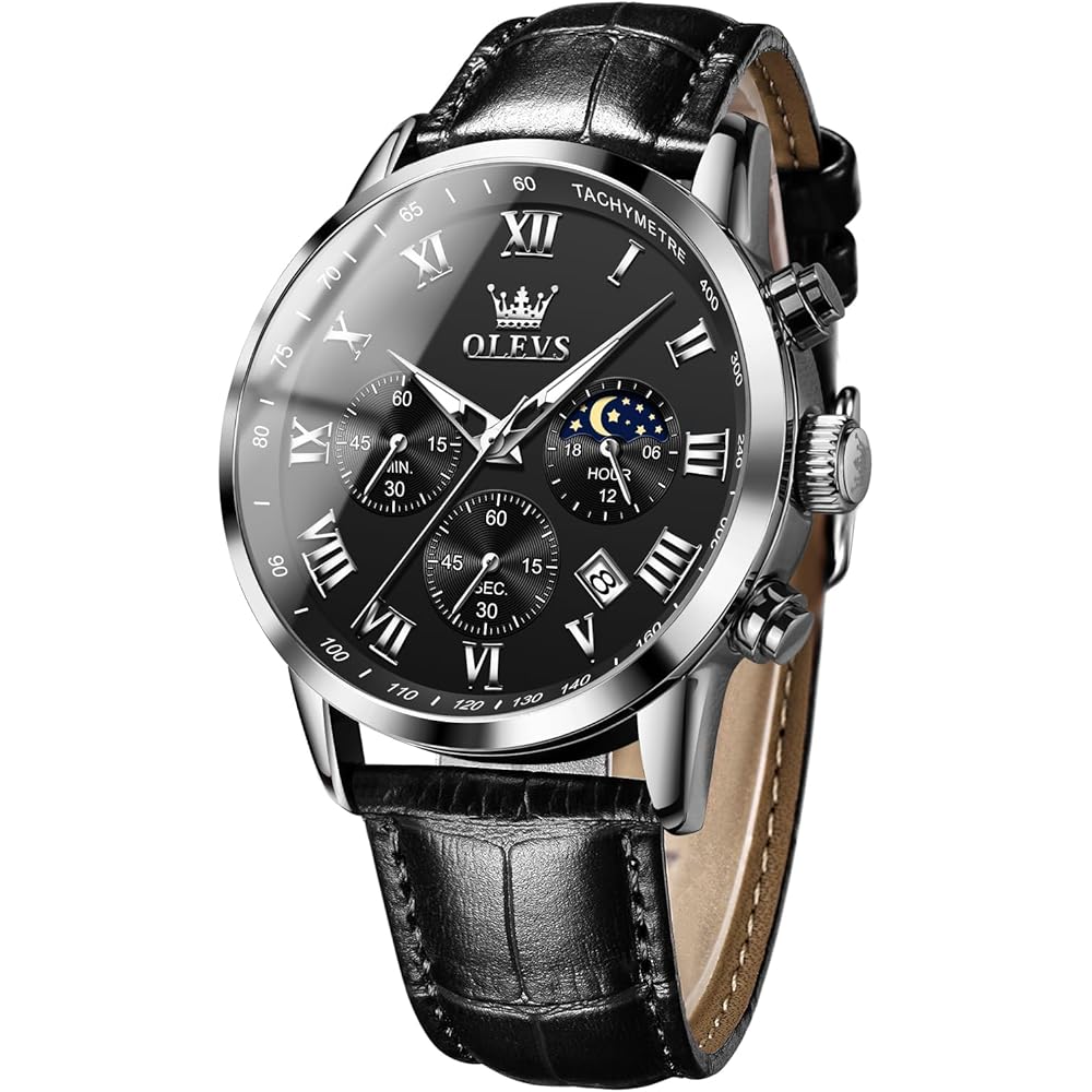 OLEVS Men s Analog Quartz Watch Black Waterproof Leather Band Luminous Stopwatch Date Display Casual Timepiece