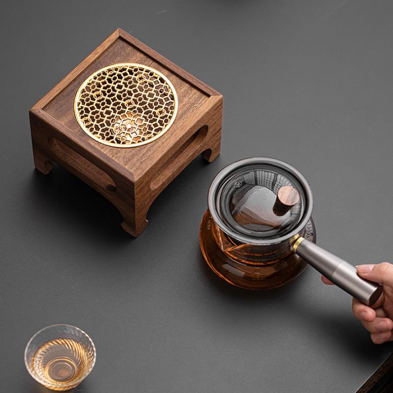 Set Scaldino Quadrato in Legno di Noce Teiera con Manico Laterale in Vetro per la Casa Base Riscaldante per Infusione Tè Bollitore per Tè Cerimonia del Tè Kung Fu