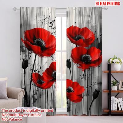 2pcs,2D Plane Printing Window Curtain Red Poppy Burst Versatile Polyester Fabric (without Rod) All Seasons Ldeal for Living