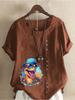 Women's Fashion Colorful Dinosaur Print Round Neck Short Sleeve T-shirt Summer Casual Cotton Linen Graphic Shirt Leisure Loose Blouse Tops