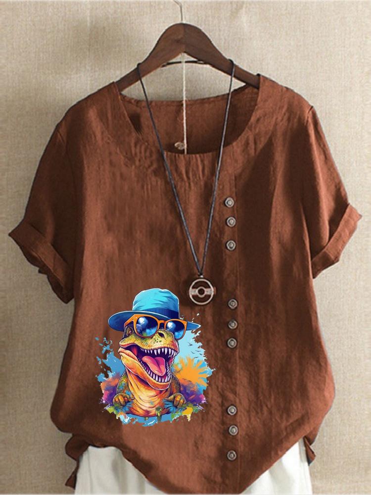 Women's Fashion Colorful Dinosaur Print Round Neck Short Sleeve T-shirt Summer Casual Cotton Linen Graphic Shirt Leisure Loose Blouse Tops