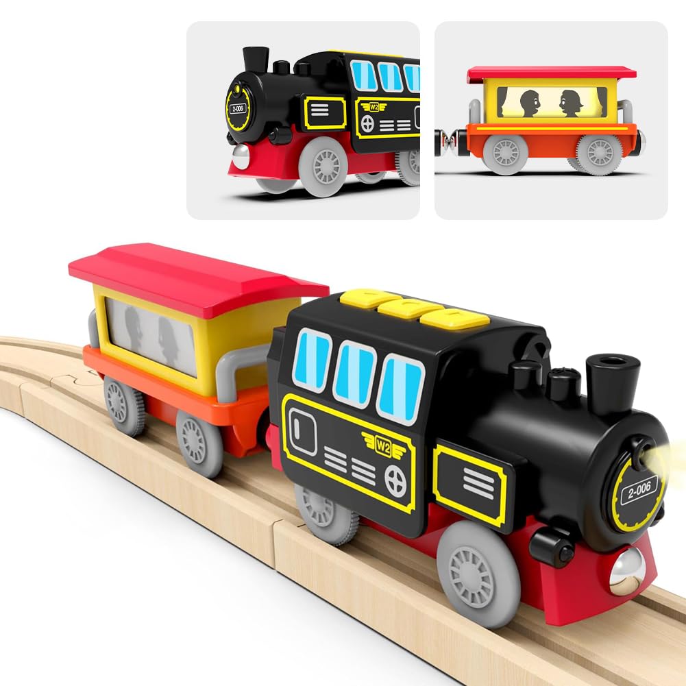 TOPLIVING Wooden Train Track Accessories Battery-Operated Locomotive with Magnetic Connection Compatible with Thomas, Brio, and Chuggington