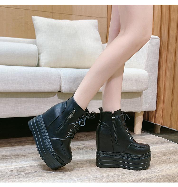 2025 New 12CM High Heel Platform Ankle Boots Women Genuine Leather Round Toe Creepers Thick Sole Oxfords Party Pumps Punk Goth