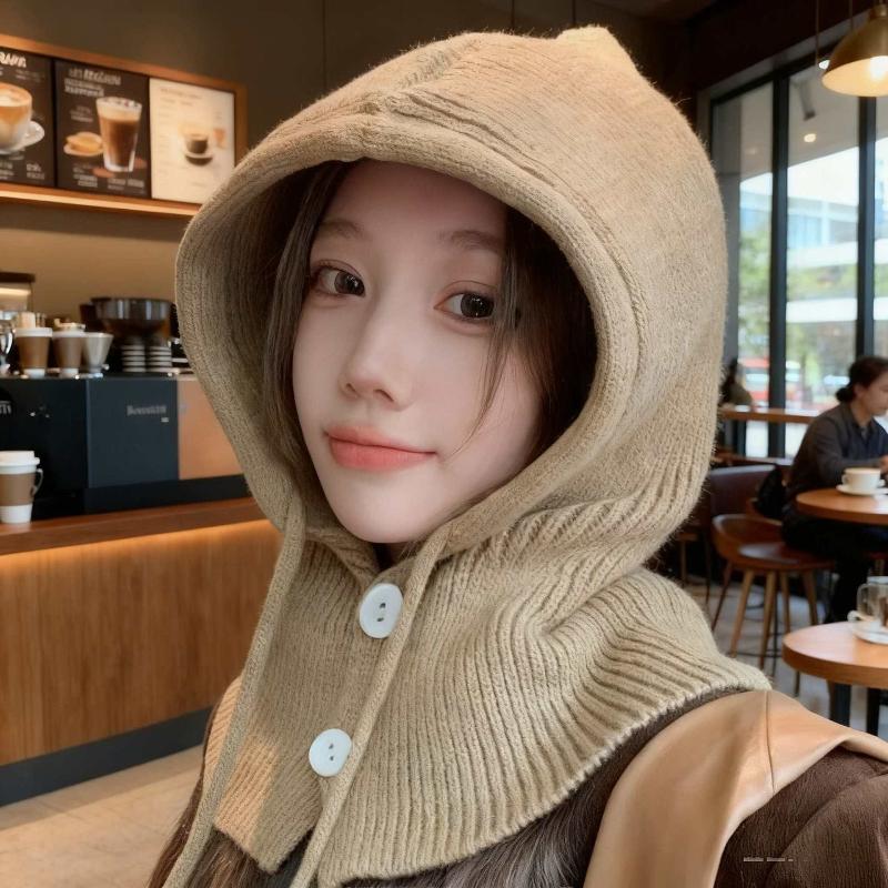 Winter Balaclava Hat Warm Knitted Women'S Hood Hat Solid Color One-Piece Neck Pullover Cap Outdoor Cashmere Caps