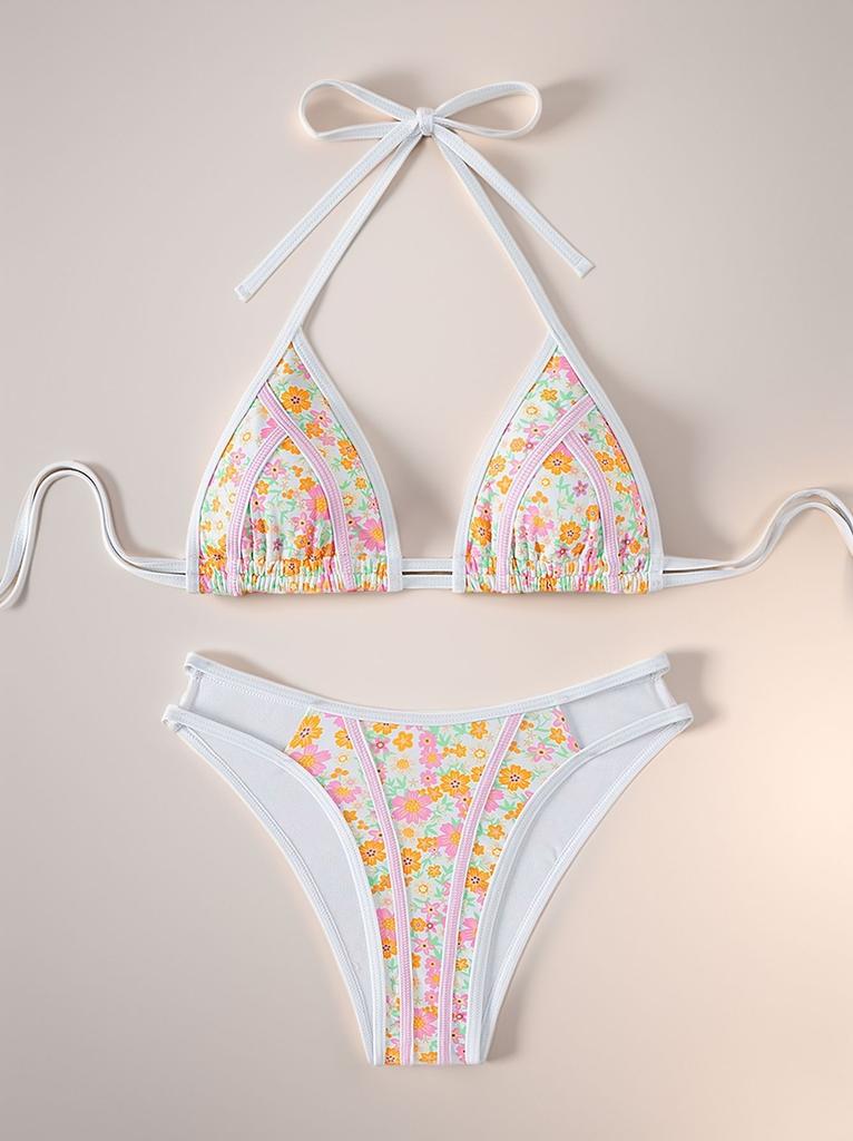 Triangle Tie Small Floral Print Sexy Two Piece Bikini Set Elegant Beach Wear