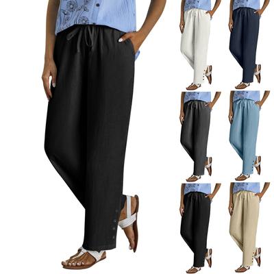 Women's Fashion Solid Color Stretch Waist Pocket Side Lace Hollow Casual Pants