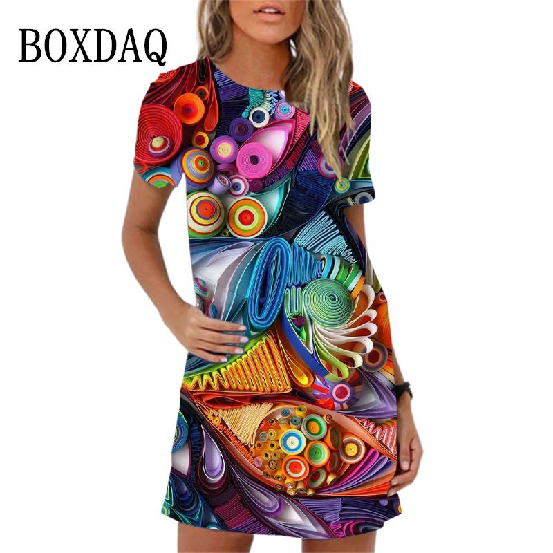 Vintage Abstract Landscape Fish Pattern Print Dress For Women Short Sleeve Clothing New 2024 Summer Dress Casual Mini Dress