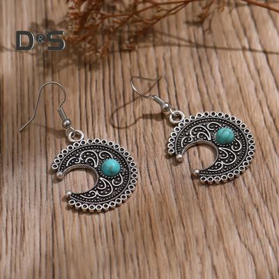 1 Paar baumelnde Ohrringe für Damen, Ethno-Halbmondform, Retro-Böhmen-Stil, Faux-Türkis, Edelstahl-Legierung, Ohrdekoration, Schmuck, lange hängende Ohrringe