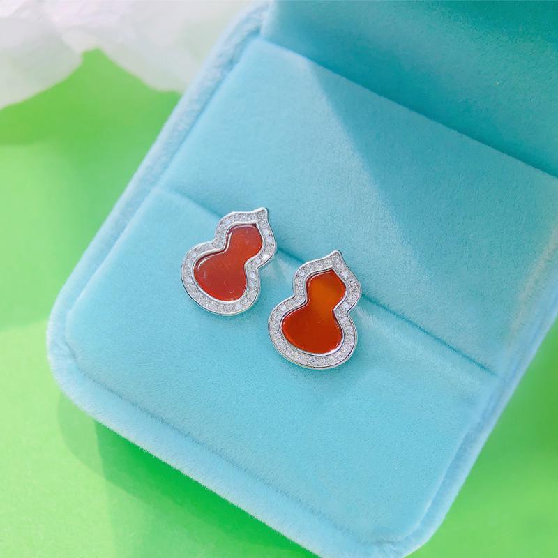 S925 Sterling Silver Gourd Rhinestone-Inlaid Stud Earrings 925 Silver