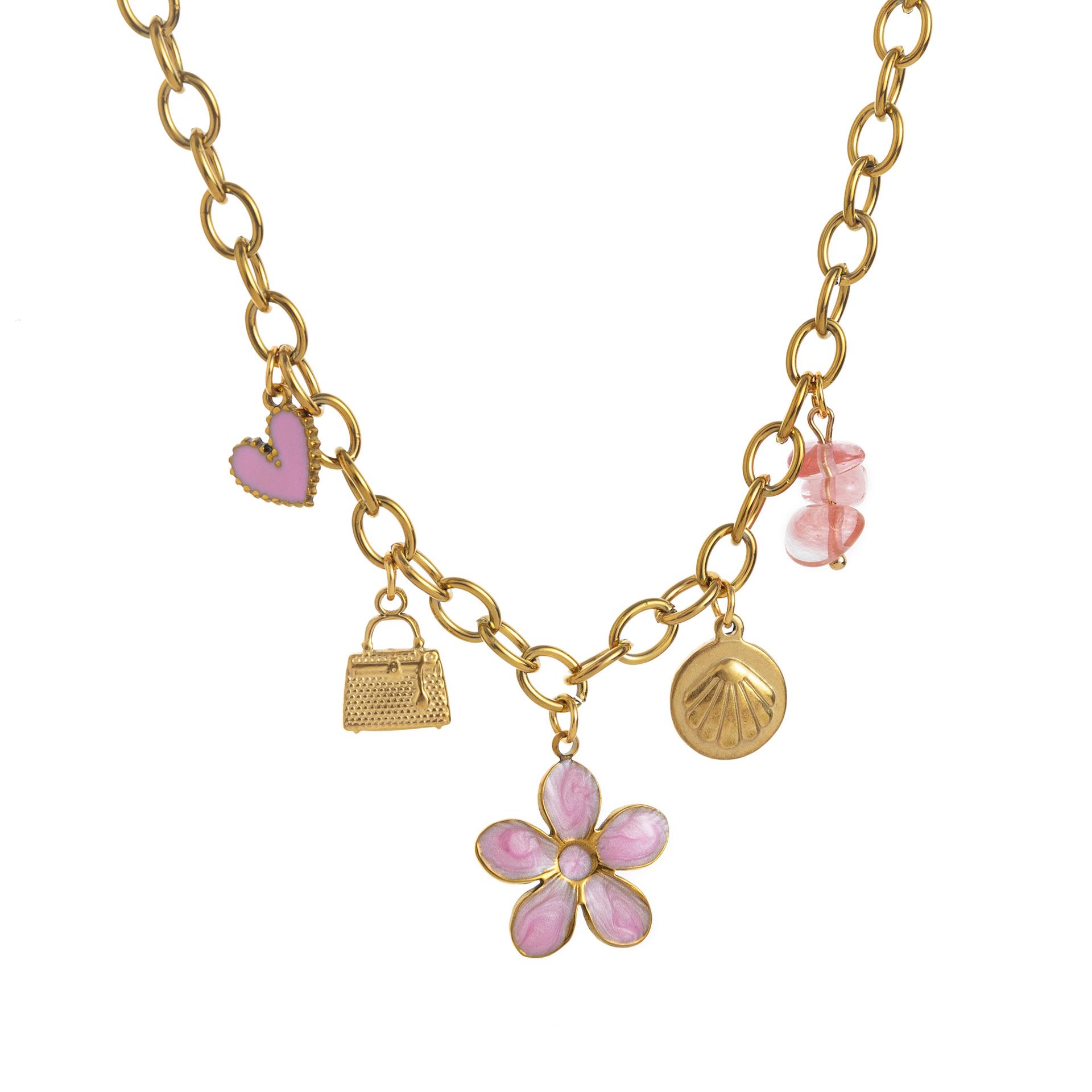 Valentine s Day Titanium Steel Heart and Flower Pendant Necklace - Stylish Jewelry