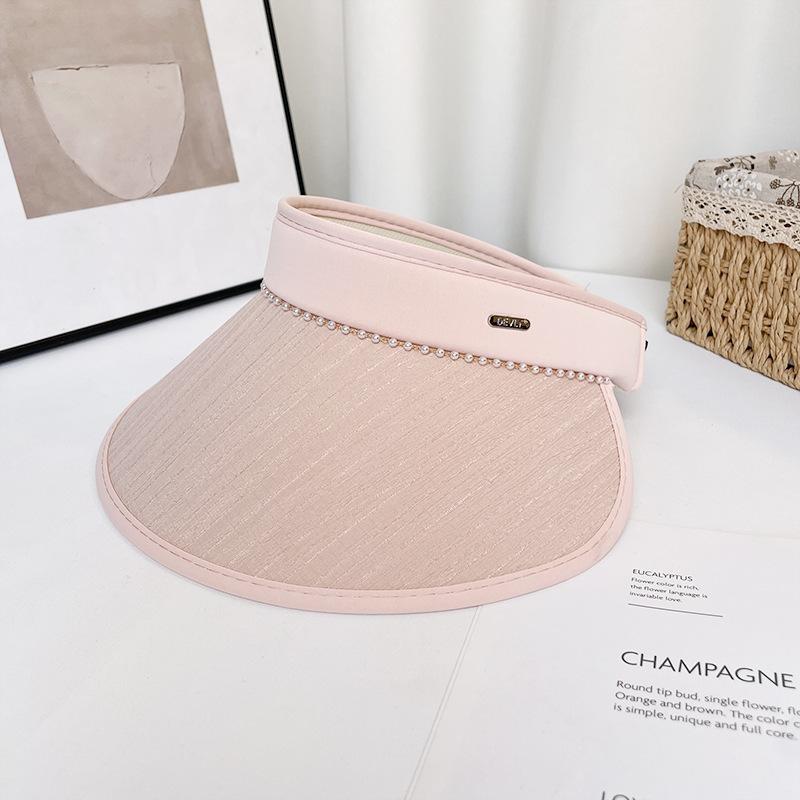 

Sunscreen hat women s summer pearl chain empty top hat outdoor riding big brim face covering sun hat foldable headband basin hat Adjustable