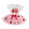 Baby Mädchen Erdbeere Erstgeburtstag Outfit Buchstabenstickerei Kurzarm Strampler Tüllrock mit Schleife 2-teiliges Set